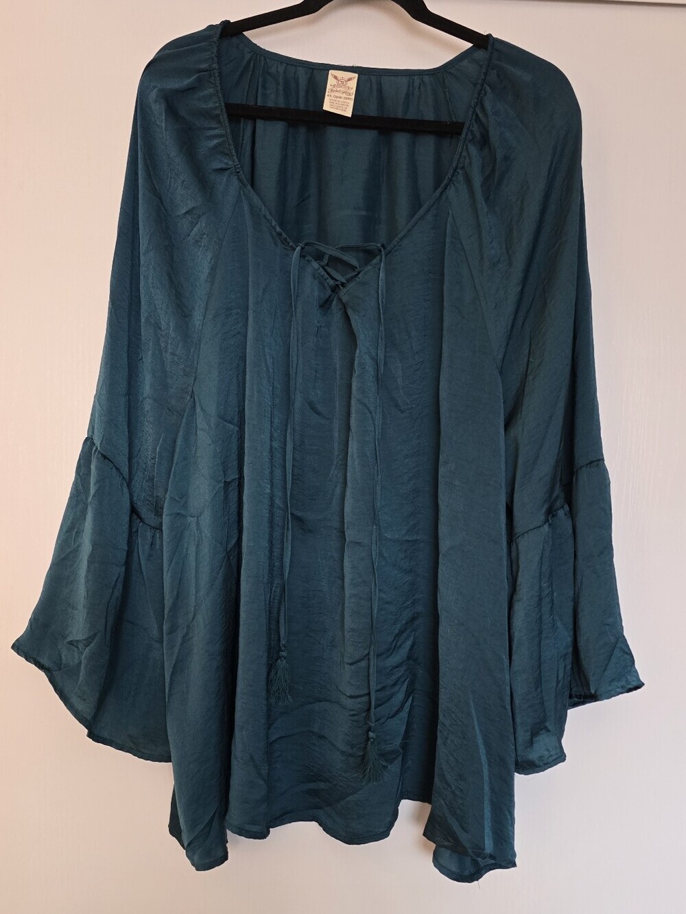 Faded Glory - (Plus-Size) Teal Boho Bell-Sleeves Lace-Up Satin Peasant Top